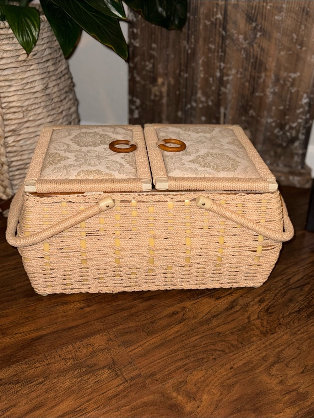 Vintage Woven Wicker Sewing Basket With Dual/Hinged Lid And Cream Tapestry Top